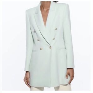 Zara women’s mint Green Double-Breasted long Blazer coat sz small preloved